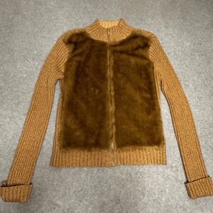 Crazy‎ Horse Collection Womens M Camel Faux Fur Front Zip Knit Cardigan Sweater